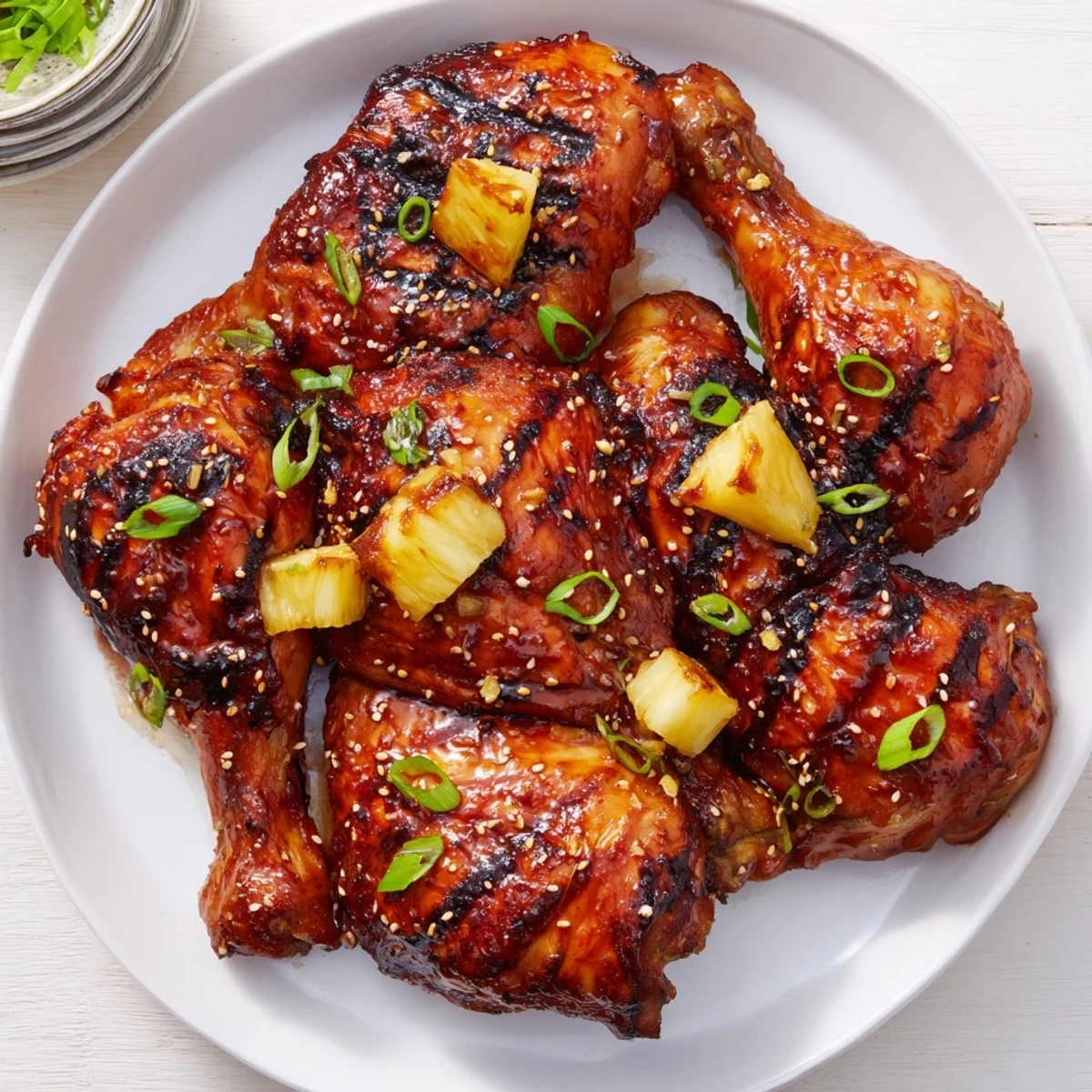 Golden-brown Huli Huli Chicken thighs sizzling on a grill with a sticky sweet glaze and fresh pineapple garnish.