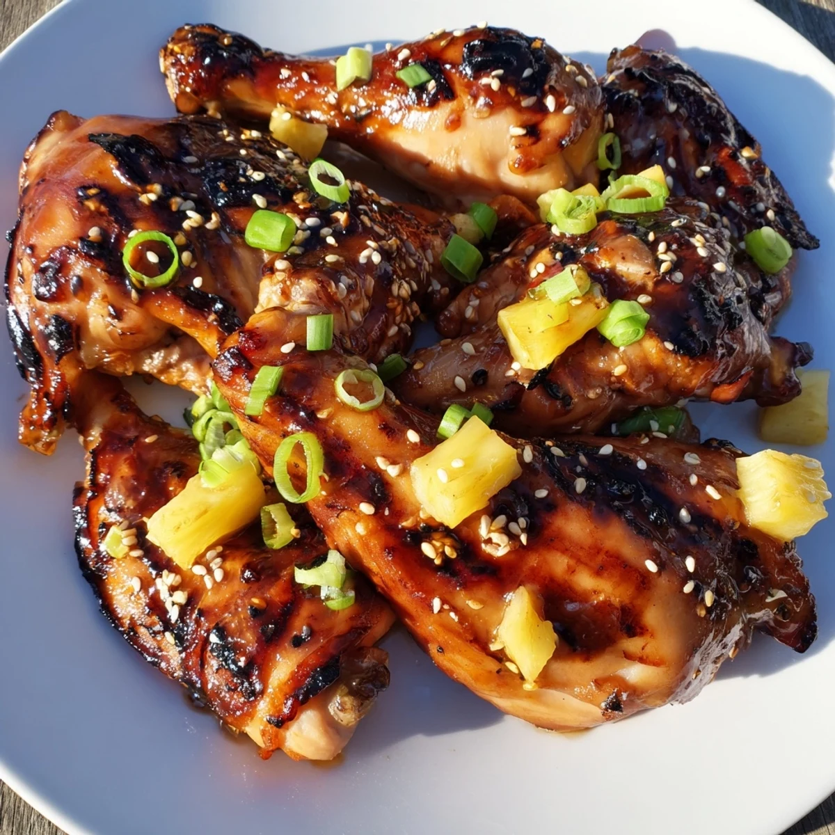 A close-up view of juicy Huli Huli Chicken drumsticks served on a plate with white rice and scallions.