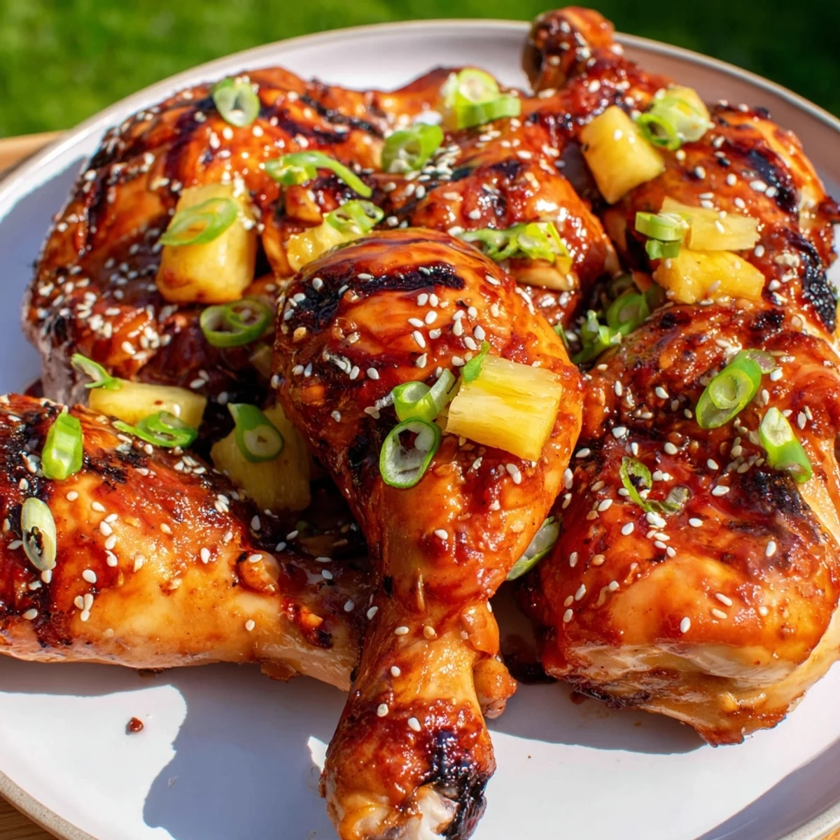 Grilled Huli Huli Chicken pieces brushed with tangy barbecue sauce, garnished with sesame seeds and diced pineapple.