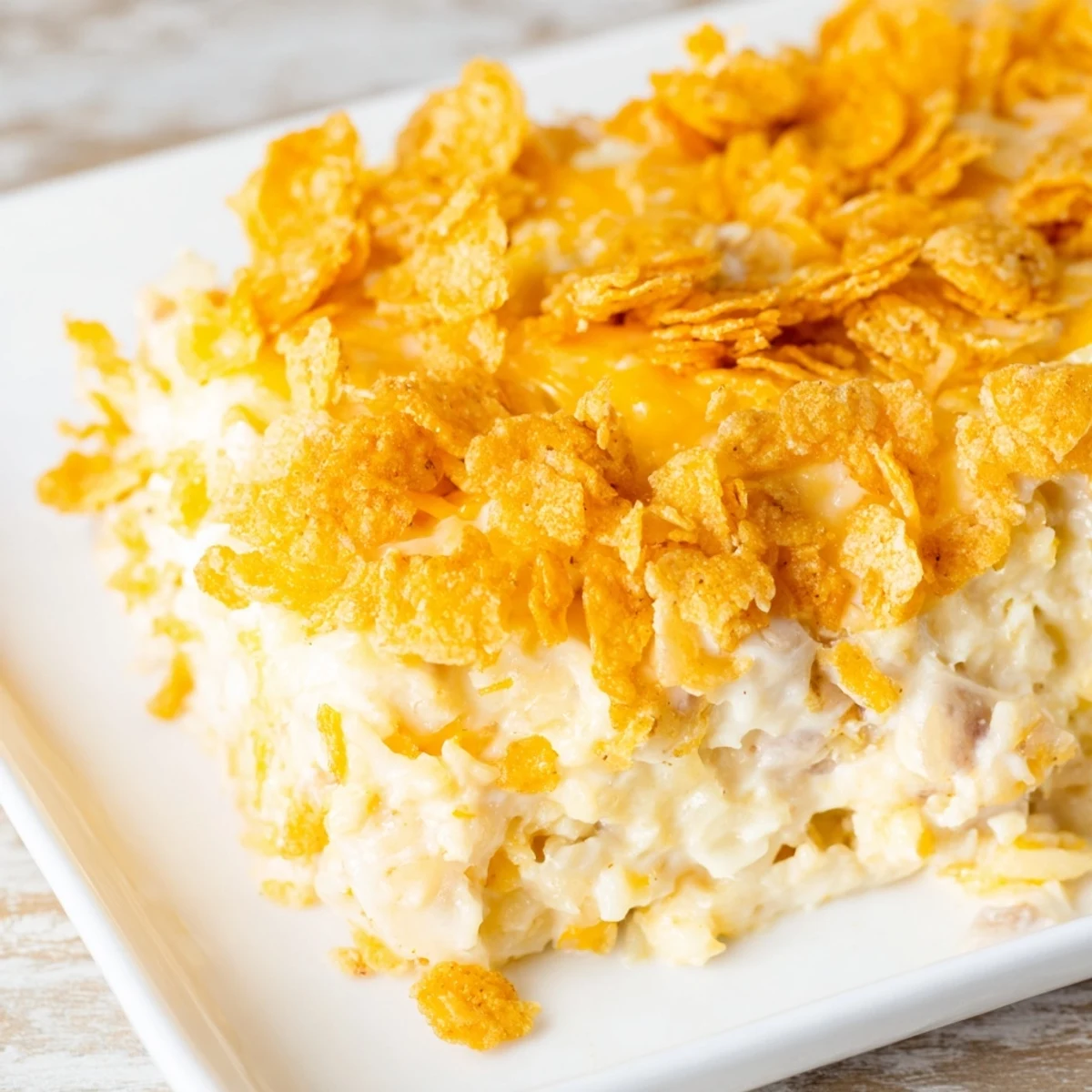 A close-up of Funeral Potatoes with Hashbrowns, showcasing a creamy, golden-brown casserole with a crunchy cornflake topping.