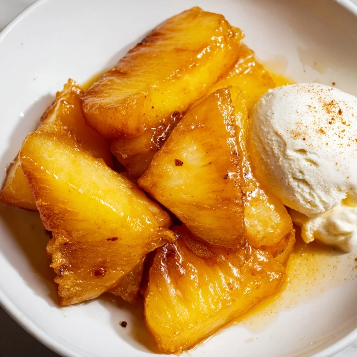 Golden Rum-Soaked Fried Pineapple rings glistening with caramelization, served warm with a scoop of vanilla ice cream melting nearby.