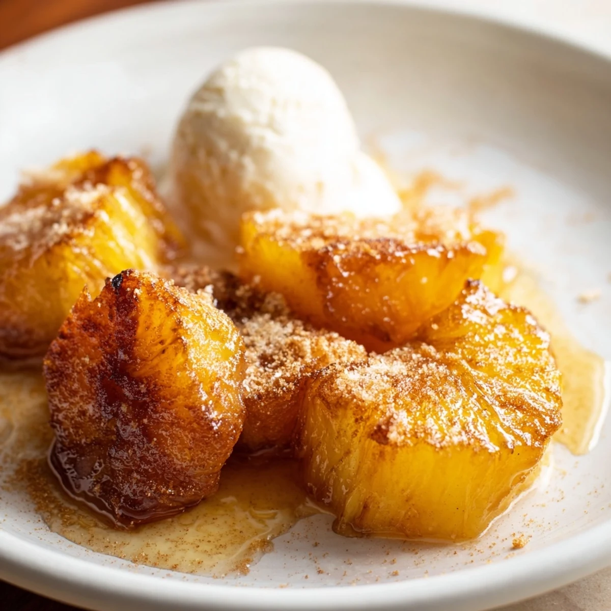 Caramelized Rum-Soaked Fried Pineapple pieces stacked on a plate, drizzled with honey and cinnamon, ready to be enjoyed after dinner.