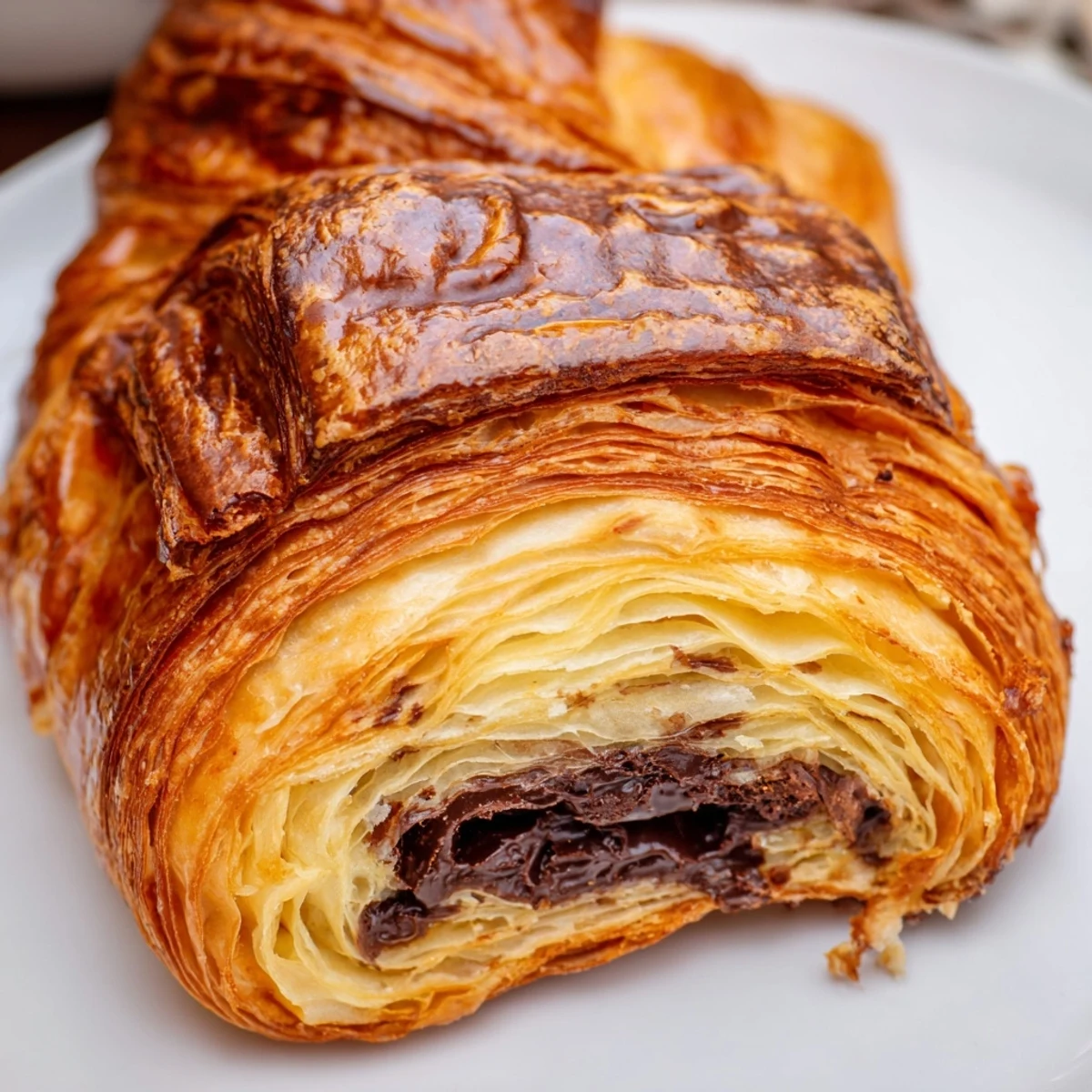 Freshly baked homemade chocolate croissants on a wooden board, with flaky golden layers and rich melted chocolate filling visible.