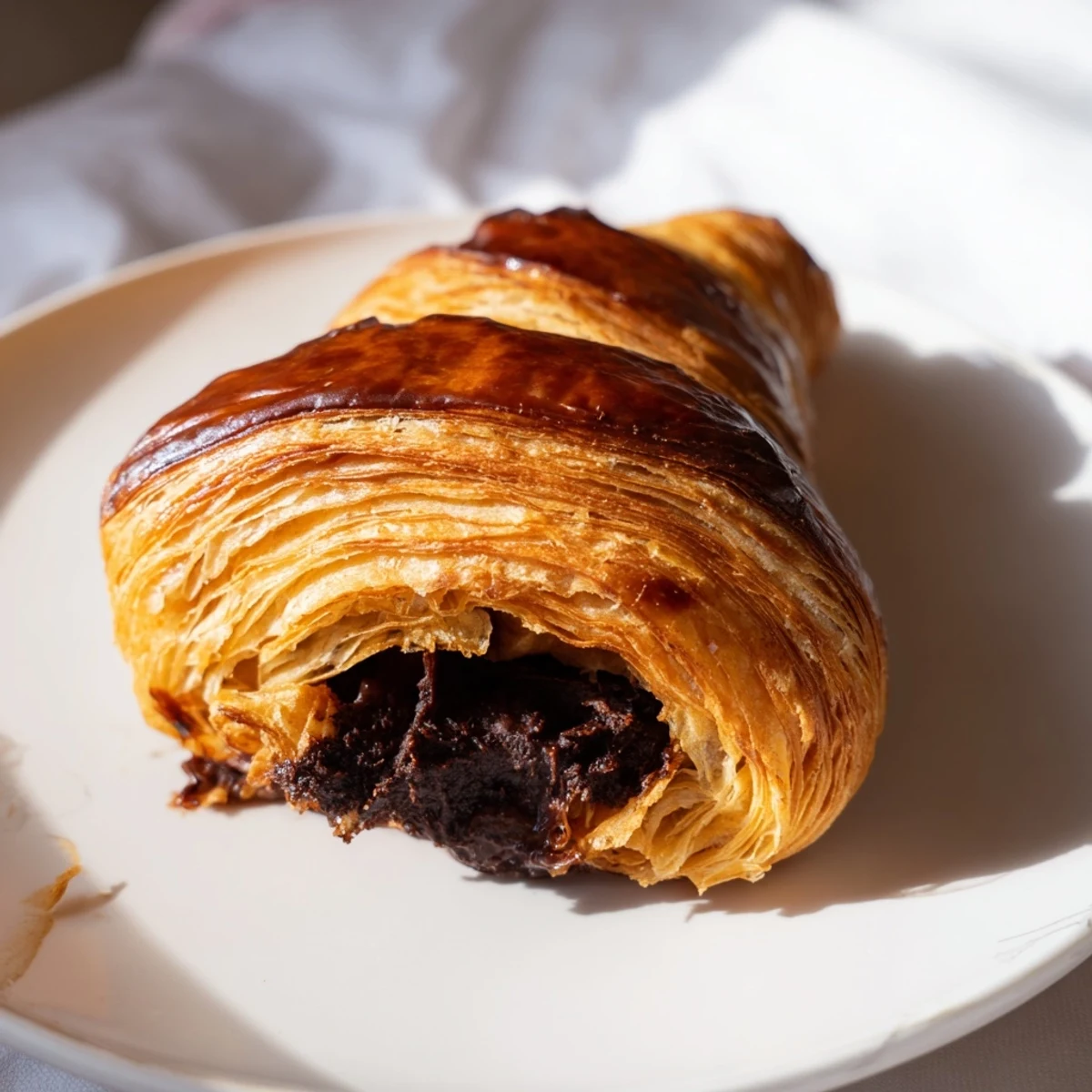 A close-up view of warm homemade chocolate croissants, showcasing the buttery, laminated pastry and gooey chocolate center on a marble countertop.