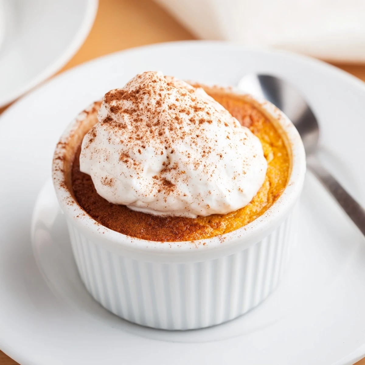 A close-up of warm Baked Pumpkin Spice Pudding topped with a dollop of whipped cream and a dusting of cinnamon in a ramekin.
