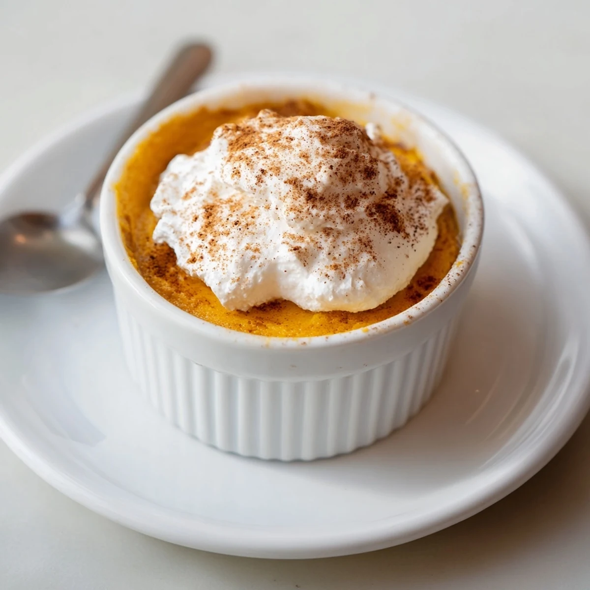 Freshly baked Baked Pumpkin Spice Pudding served in individual dishes alongside a steaming mug of coffee for a cozy fall dessert.