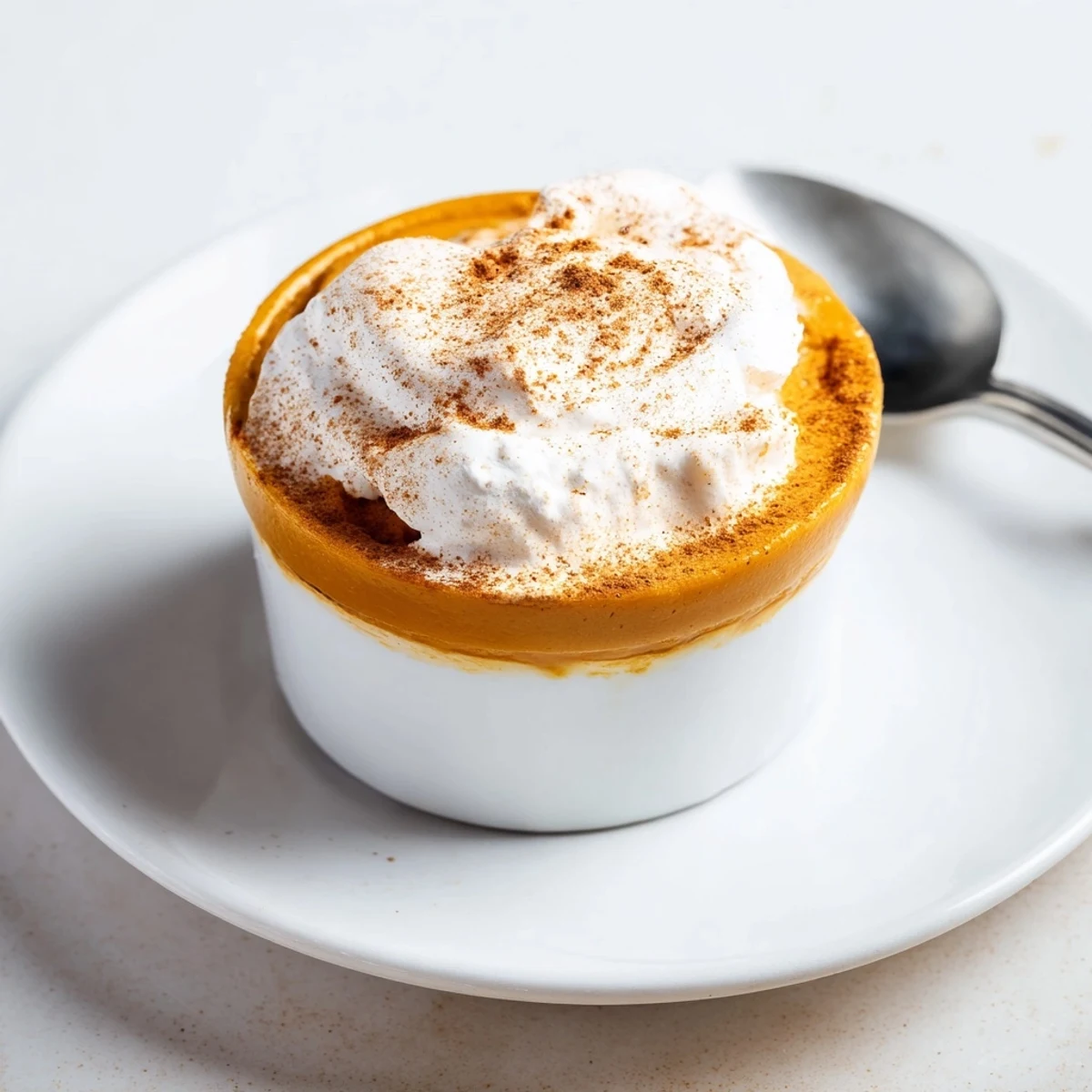 Rich and creamy Baked Pumpkin Spice Pudding with a golden brown top, ready to serve with a drizzle of maple syrup.