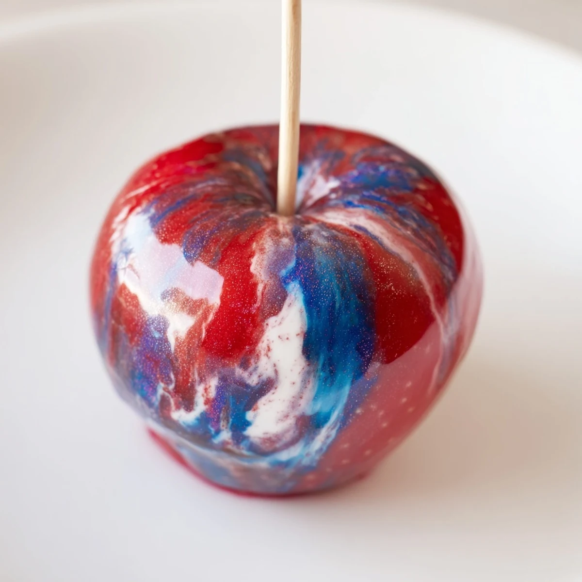 Eight glossy Marbled Effect Candy Apples sit on a parchment-lined baking sheet, their swirled red and blue candy shells catching the light.