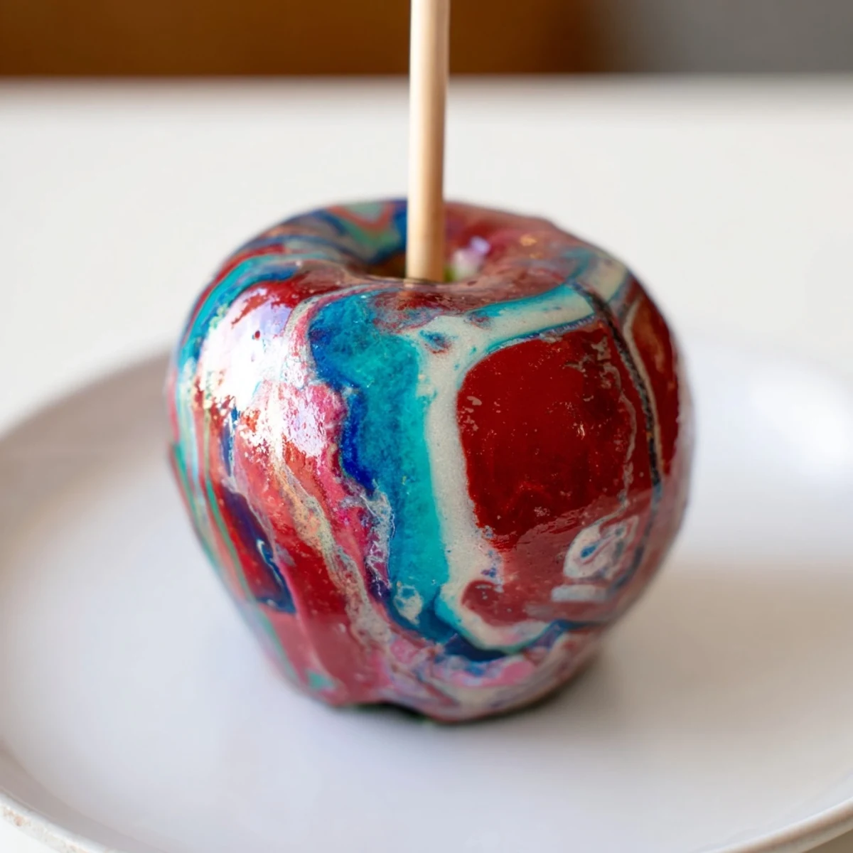 A close-up of a Marbled Effect Candy Apple reveals a crunchy, vividly colored candy coating wrapped around a crisp green apple.