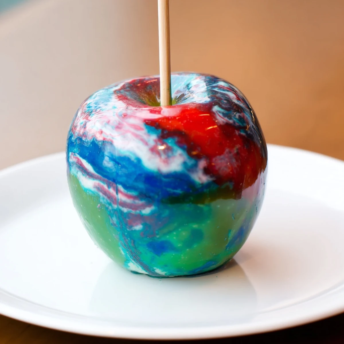 A festive platter showcases Marbled Effect Candy Apples with marbled swirls of red, blue, and white, perfect for a party dessert table.