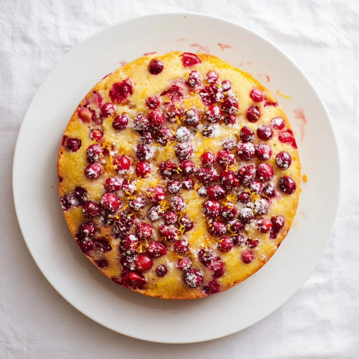 Freshly baked cranberry cake with a golden crumb, scattered cranberries, and a dusting of powdered sugar on top.  