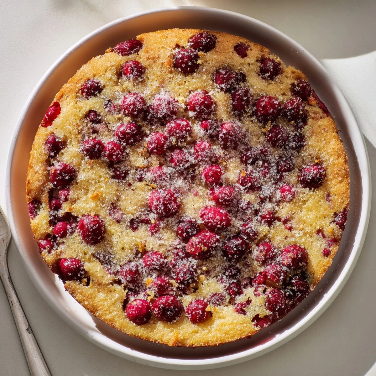 Homemade cranberry cake with orange zest topping, a forkful lifted to show the tender, buttery interior texture.