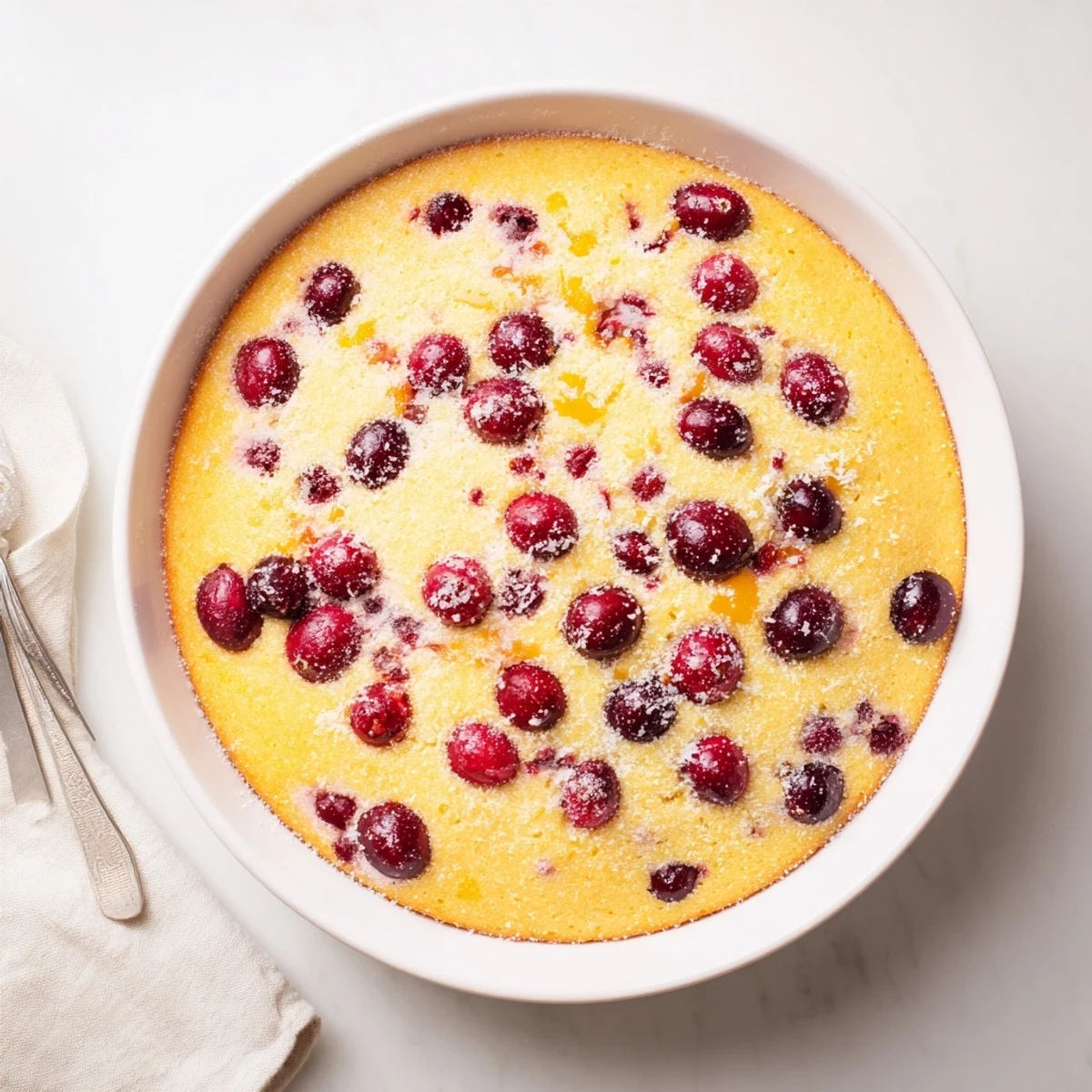 A moist cranberry cake slice reveals tart berries inside, served on a white plate with whipped cream dollop.  