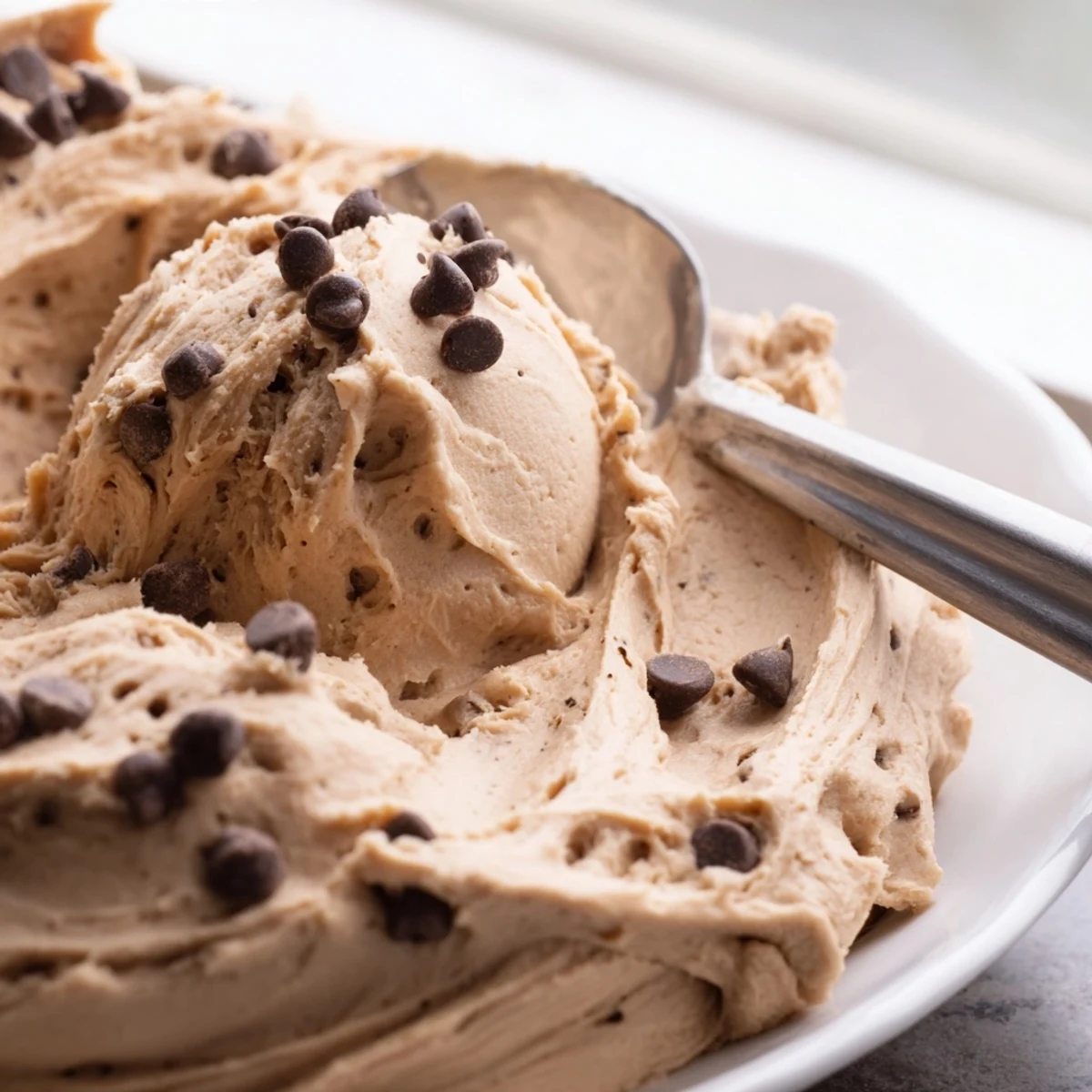 Homemade Cookie Dough Frosting in a glass jar, ready to frost a tall layer cake.