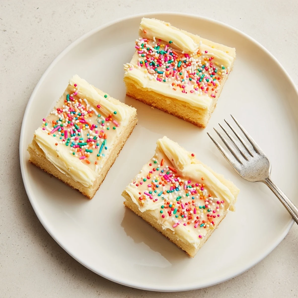 A close-up of Sugar Cookie Bars with thick, creamy vanilla frosting and colorful sprinkles, stacked neatly on a white plate for a party treat.