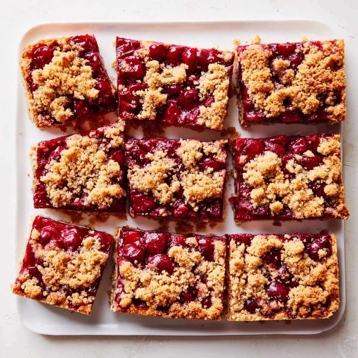 Golden-brown Cherry Crumble Bars with a bubbling sweet-tart filling and crumbly oat topping.