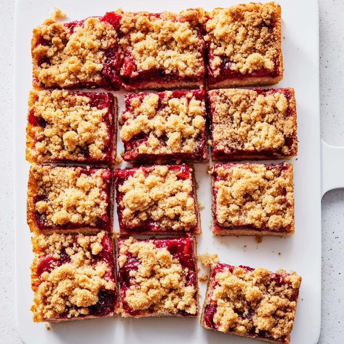 Cherry Crumble Bars arranged on a rustic wooden board, ready for dessert or snack.