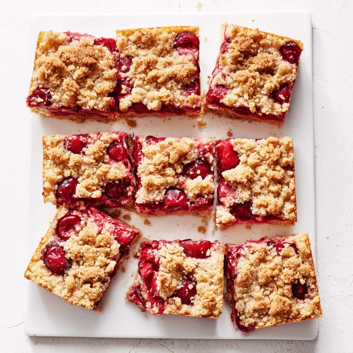 A warm slice of Cherry Crumble Bars shows ruby cherries oozing between buttery layers.