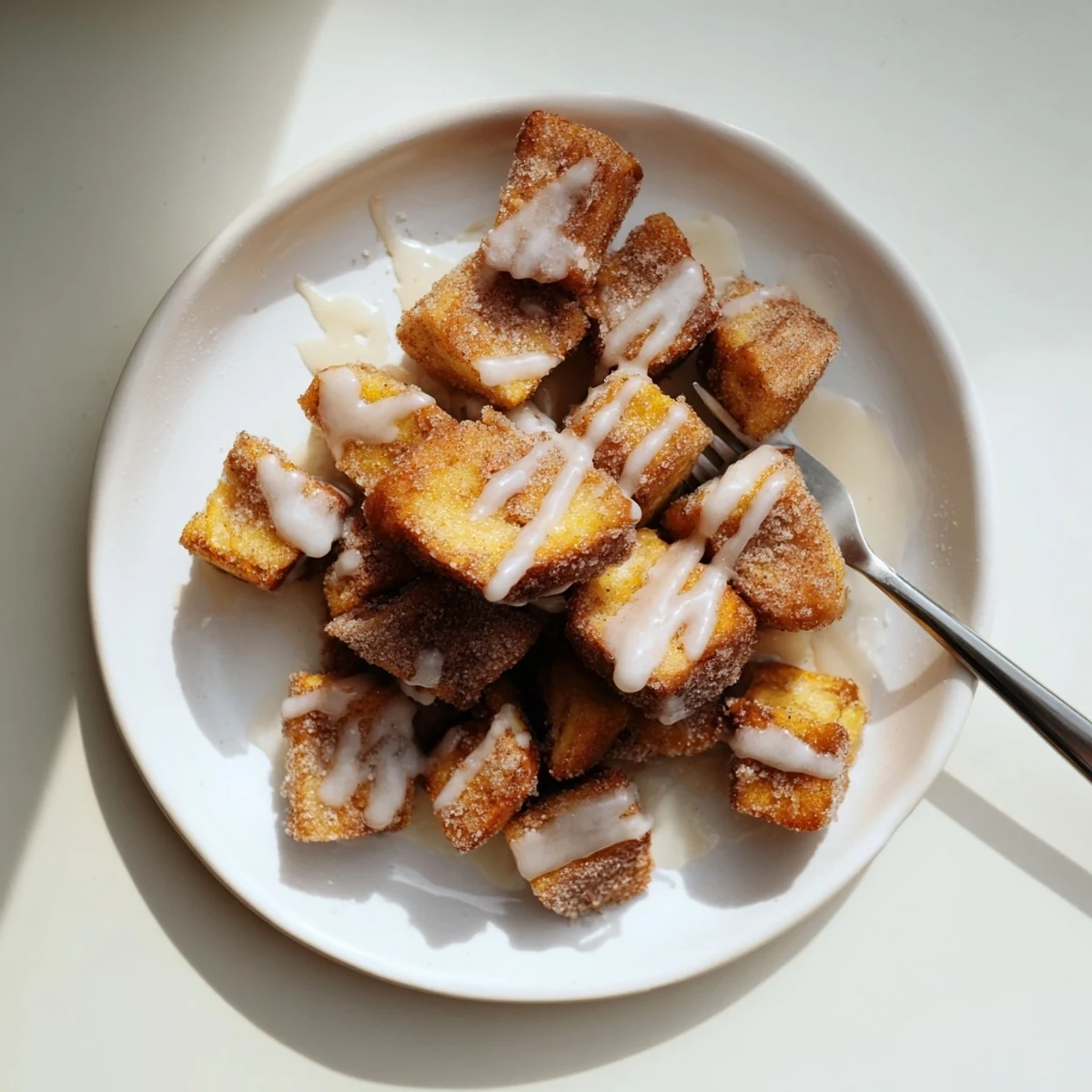 Golden Cinnamon Roll French Toast Bites glistening with sweet glaze on a white plate.