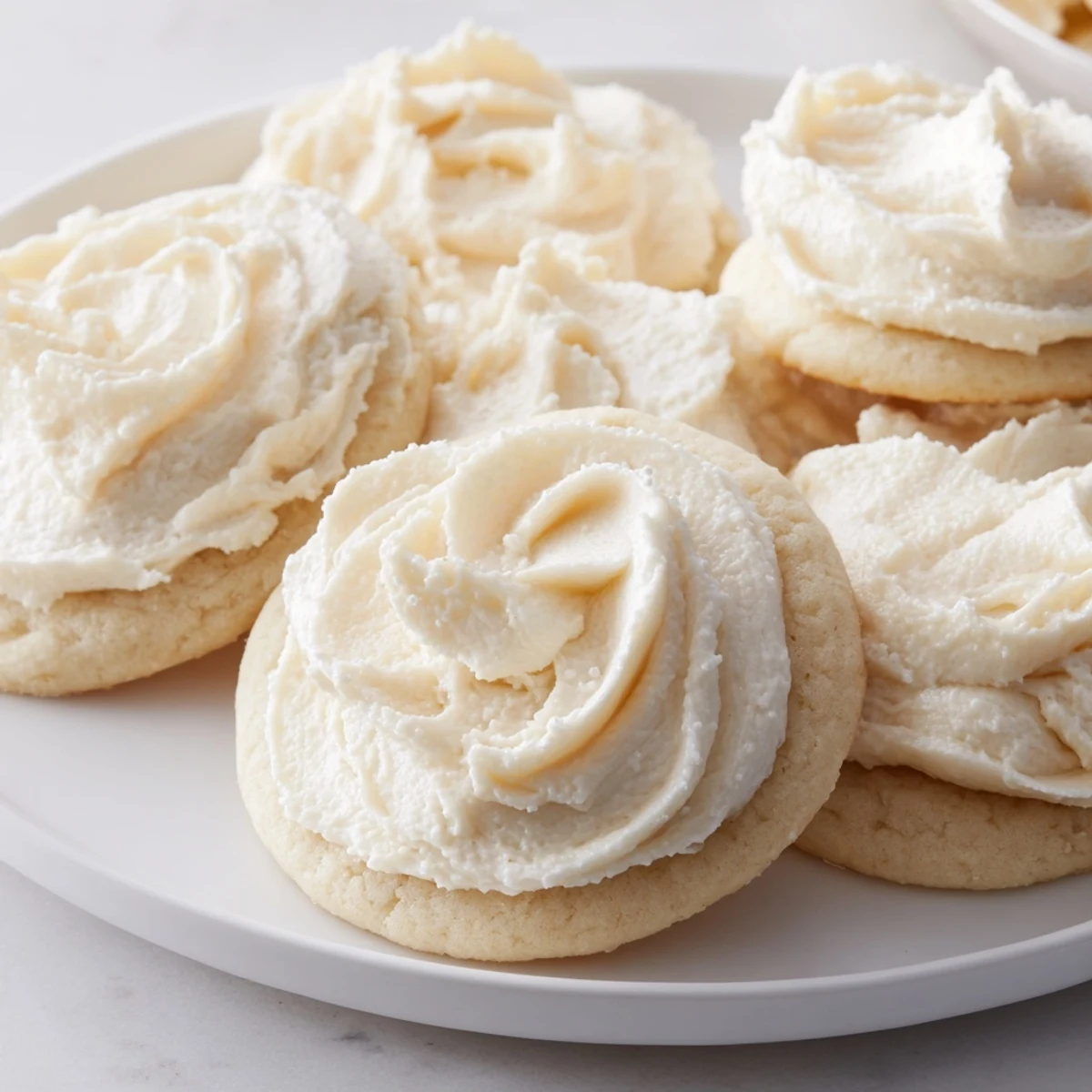 Close-up of Easy Sugar Cookie Frosting being piped onto sugar cookies, showing its smooth texture and pale ivory color.