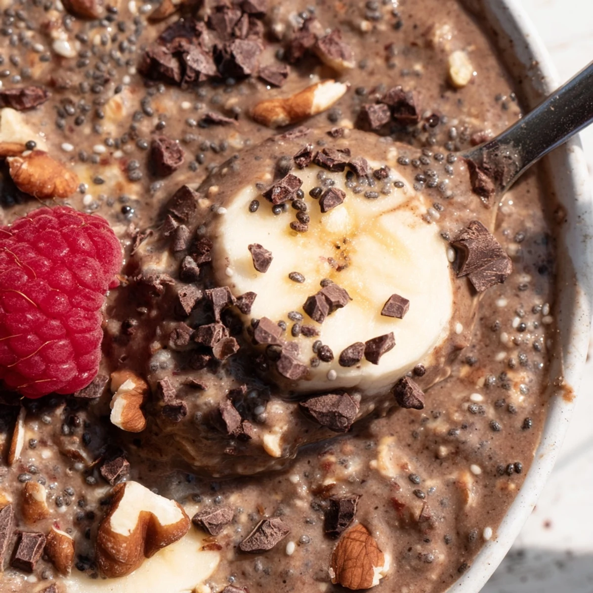 Creamy Ultimate Healthy Chocolate Overnight Oats layered in a jar with banana slices and dark chocolate chips.