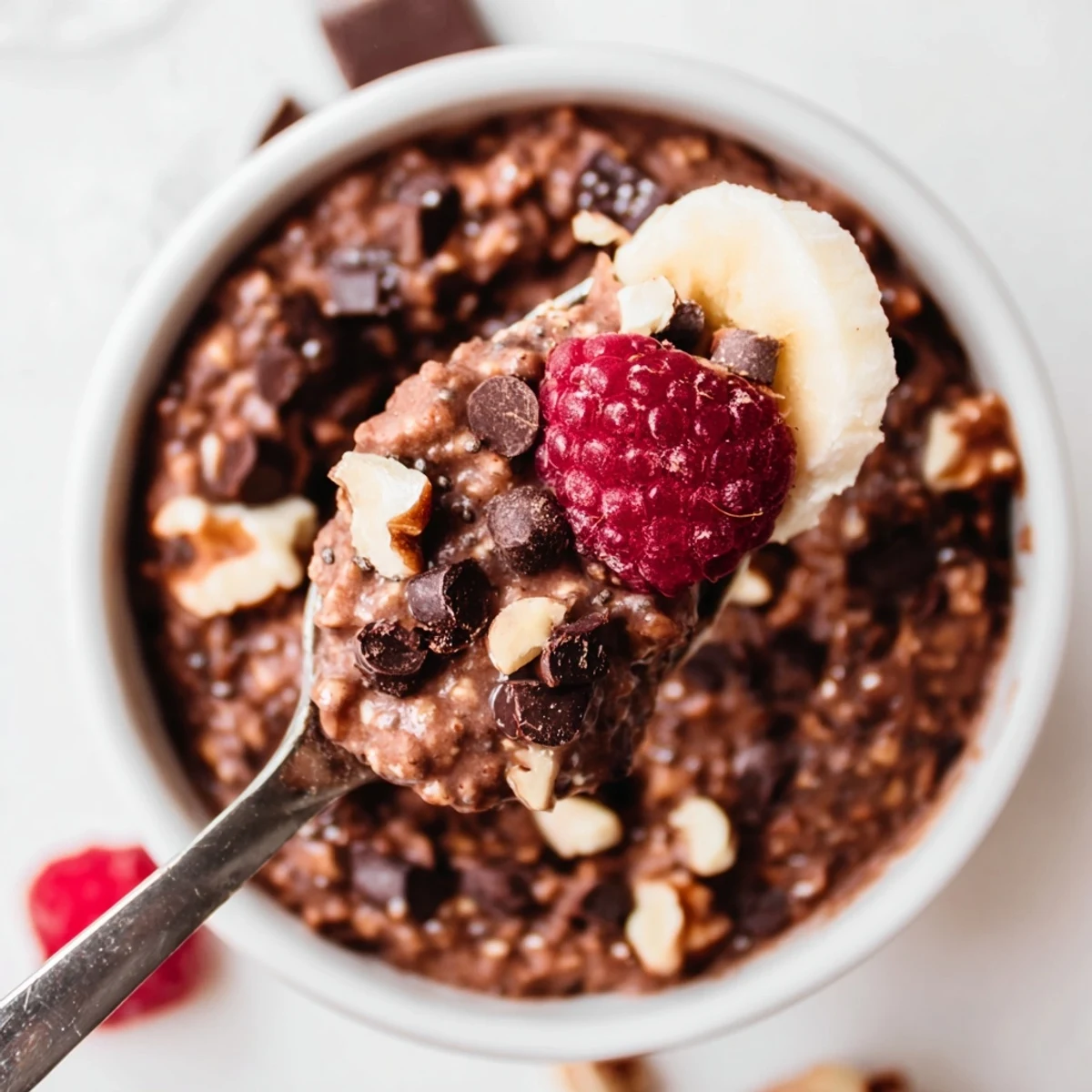 Glass jars of chilled Ultimate Healthy Chocolate Overnight Oats beside maple syrup, cocoa powder, and Greek yogurt.