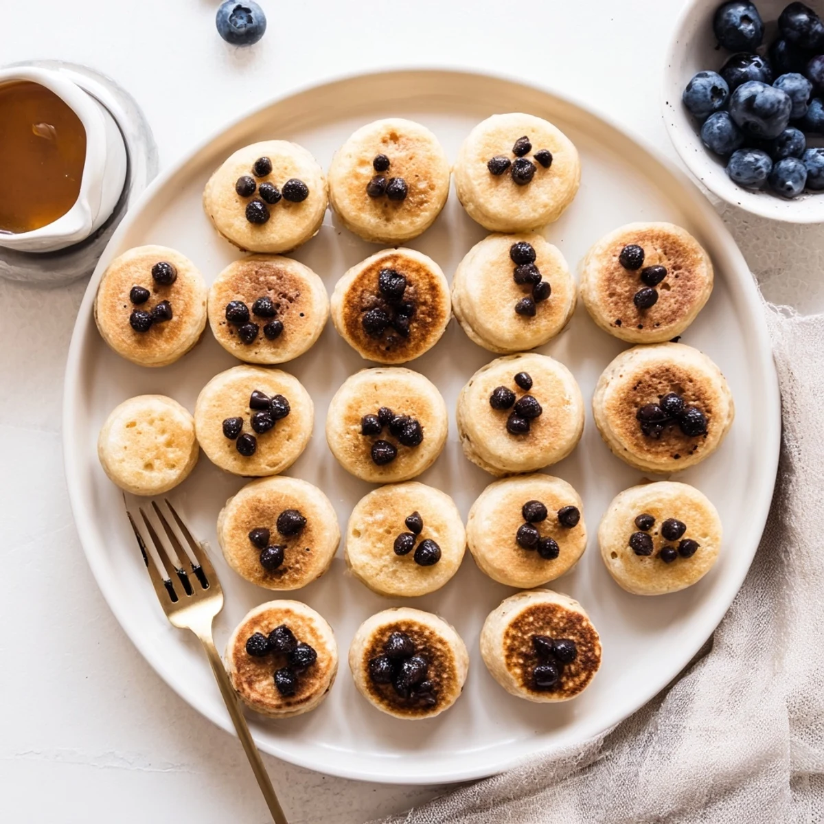 Stack of golden Pancake Poppers drizzled with maple syrup and served with fresh berries on the side.  