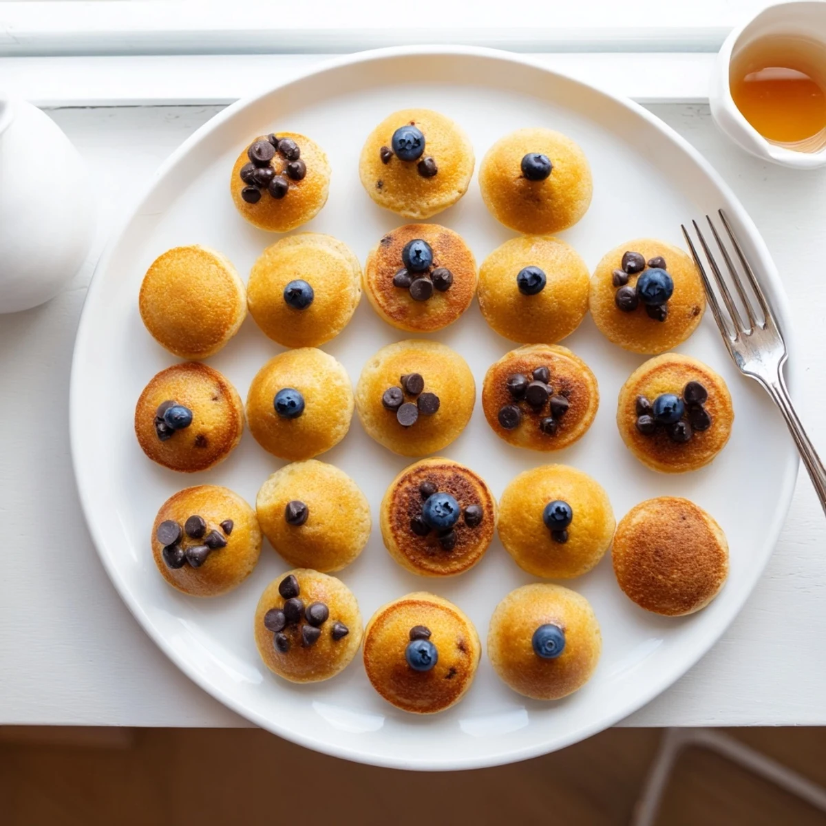 Fluffy, bite-sized Pancake Poppers in a mini muffin tin with a golden-brown exterior and airy centers.  
