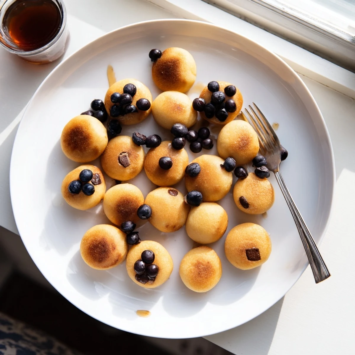 Freshly baked golden Pancake Poppers on a rustic wooden board with a dollop of whipped cream.