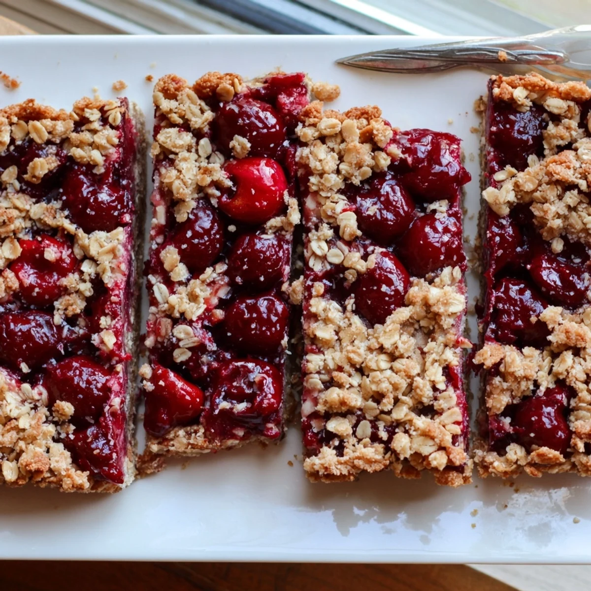 Easy Tasty Cherry Crumble Bars with a golden oat topping and bubbling red fruit filling are displayed on a rustic wooden board.