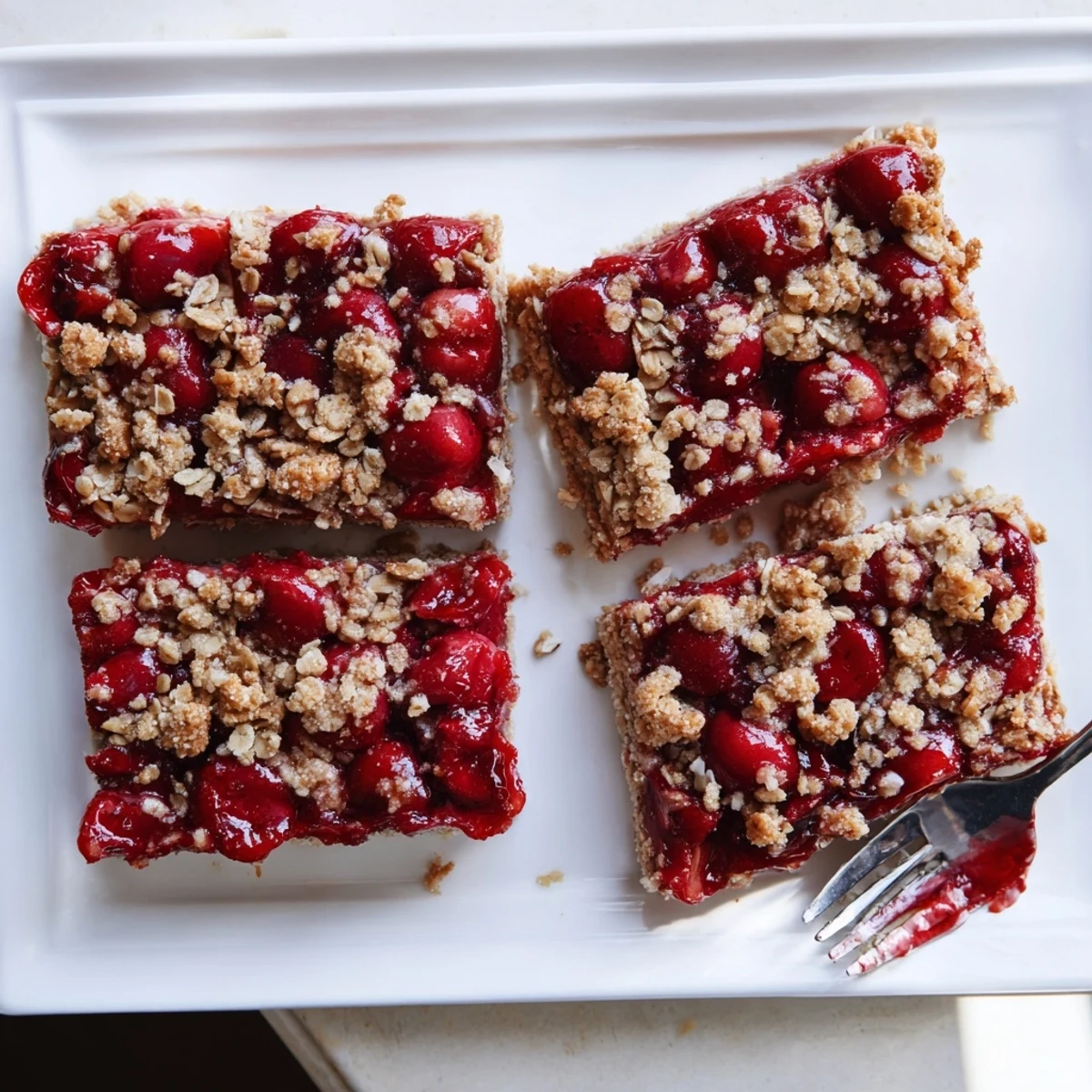 A close-up shot shows warm Easy Tasty Cherry Crumble Bars being lifted from a baking pan with a wooden spatula.