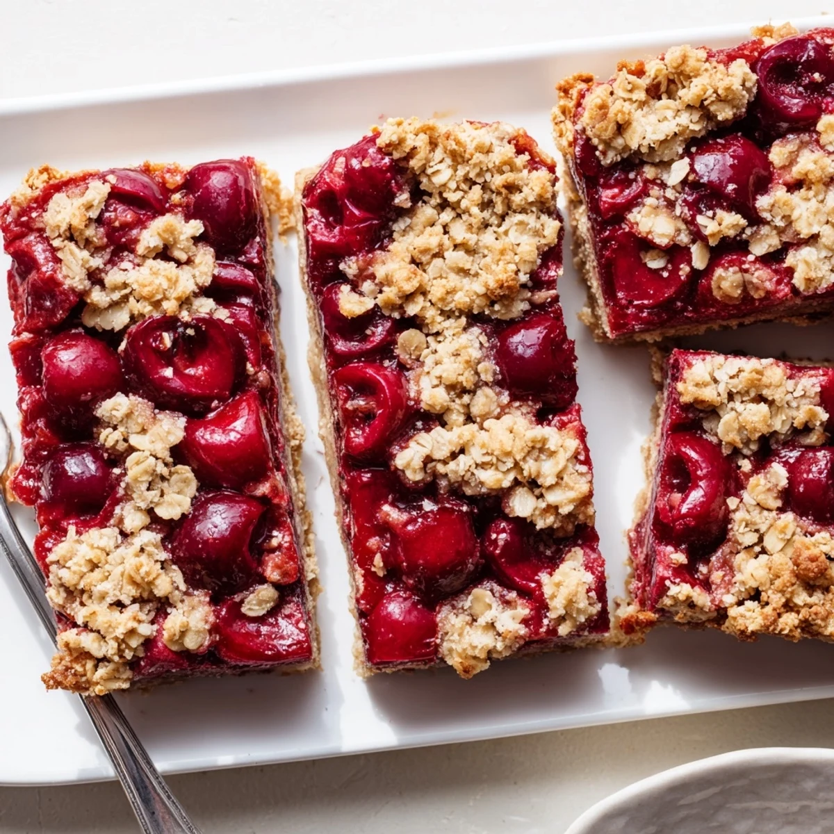 Easy Tasty Cherry Crumble Bars are served on a ceramic plate next to a scoop of melting vanilla ice cream.