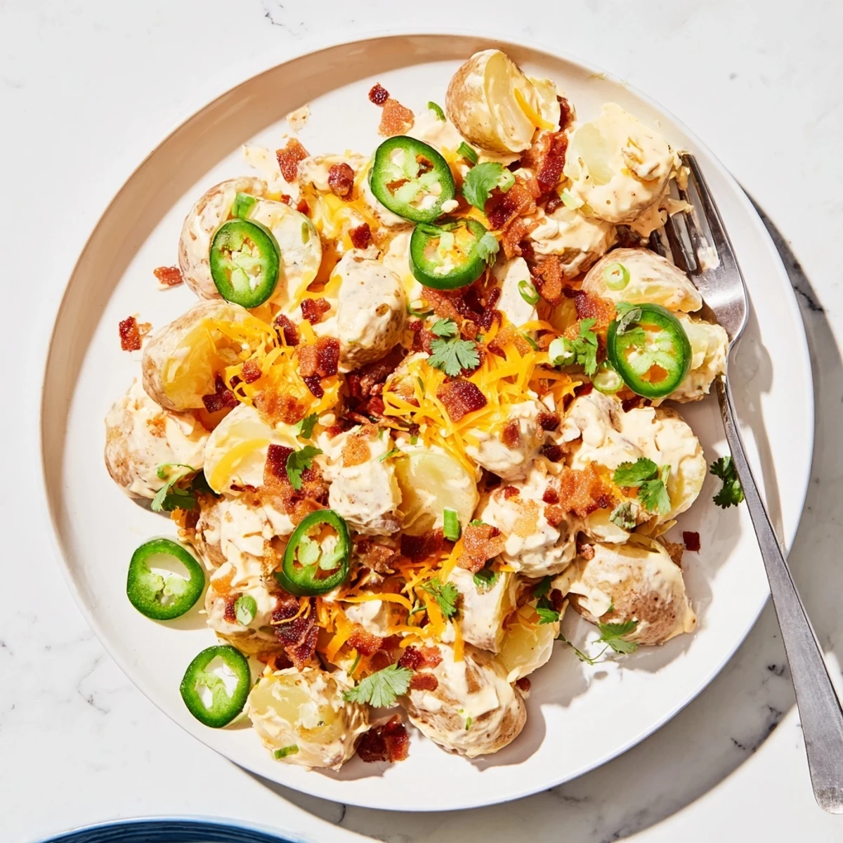 Golden roasted potatoes tossed in a creamy jalapeno popper roasted potato salad, garnished with bacon and cheddar.