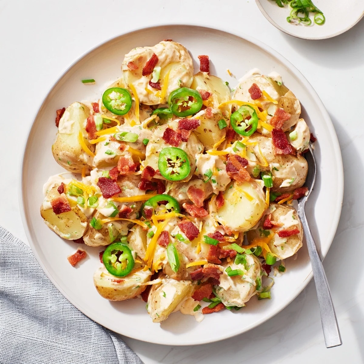 A close-up of jalapeno popper roasted potato salad, featuring crispy Yukon Gold potatoes and smoky bacon bits.