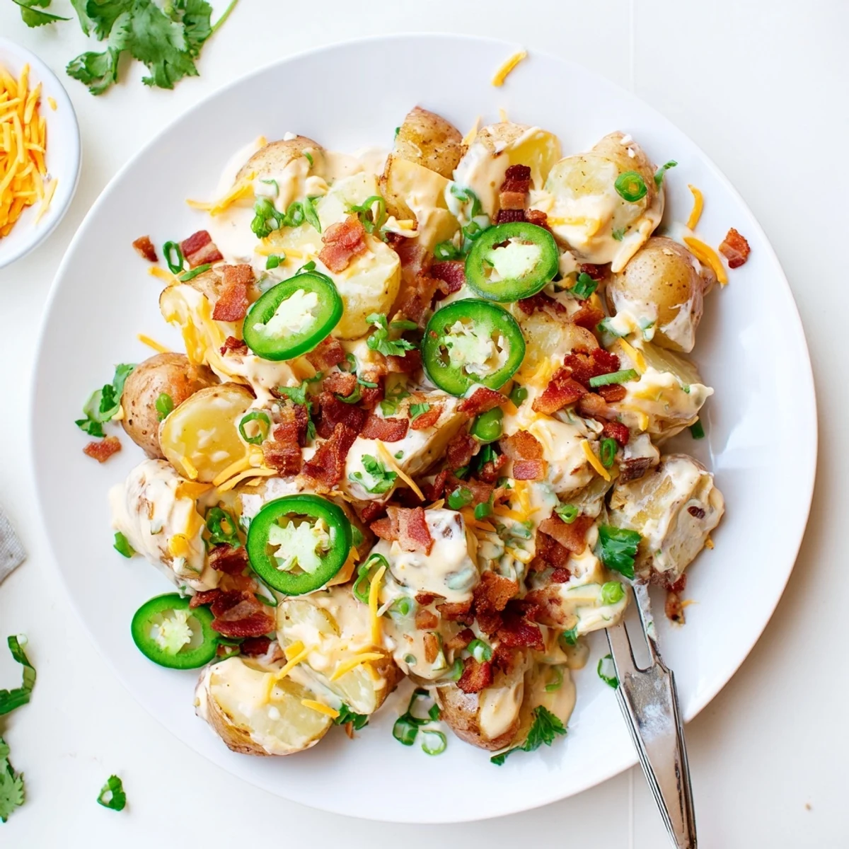 Jalapeno popper roasted potato salad served chilled in a white bowl with fresh jalapeno slices and herbs.