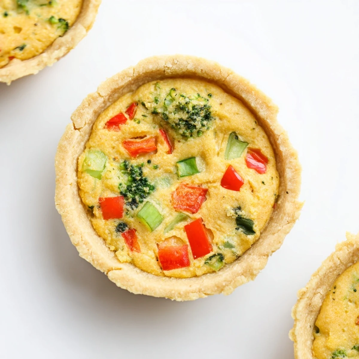 Freshly baked vegan mini quiches with golden, flaky crusts and colorful vegetable fillings, displayed on a rustic wooden board.