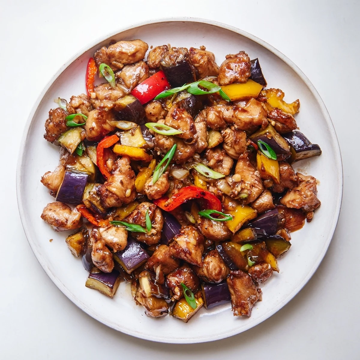 Hearty Black Vinegar Chicken With Bell Peppers And Eggplant in a dark wok, garnished with fresh green scallions for a flavorful meal.