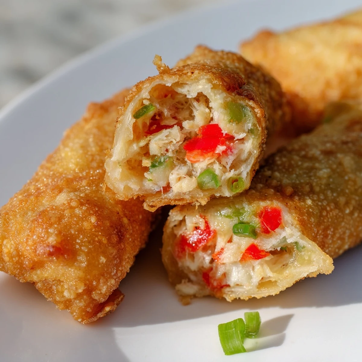 Golden-fried Crab Cake Egg Rolls arranged on a platter with lemon wedges and fresh parsley garnish.  