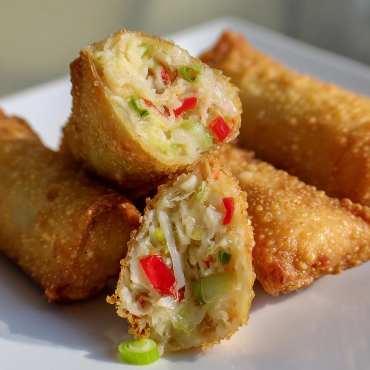 Golden-brown Crab Cake Egg Rolls served with a creamy dipping sauce on a rustic wooden board.  