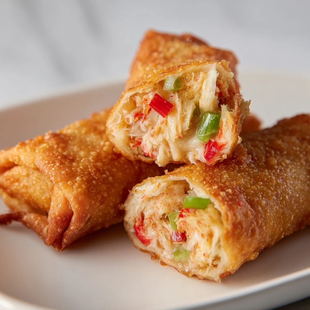 Freshly cooked Crab Cake Egg Rolls with visible crab and herbs, paired with a spicy aioli dip.