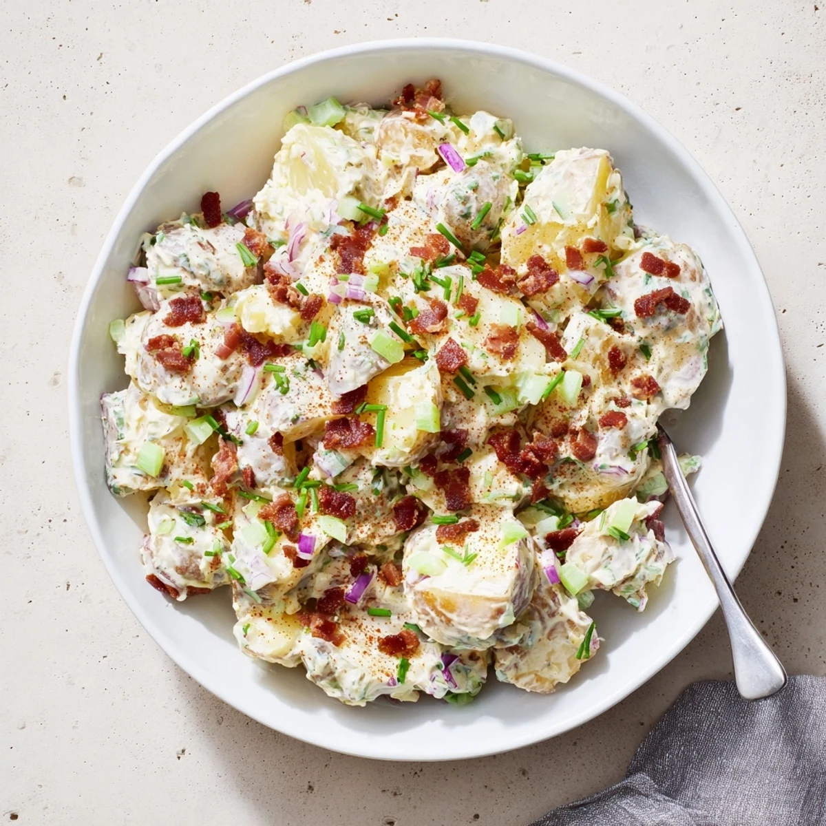 A rustic bowl of Steakhouse Potato Salad with crisp celery, red onion, and smoky bacon, perfect for a backyard barbecue side.
