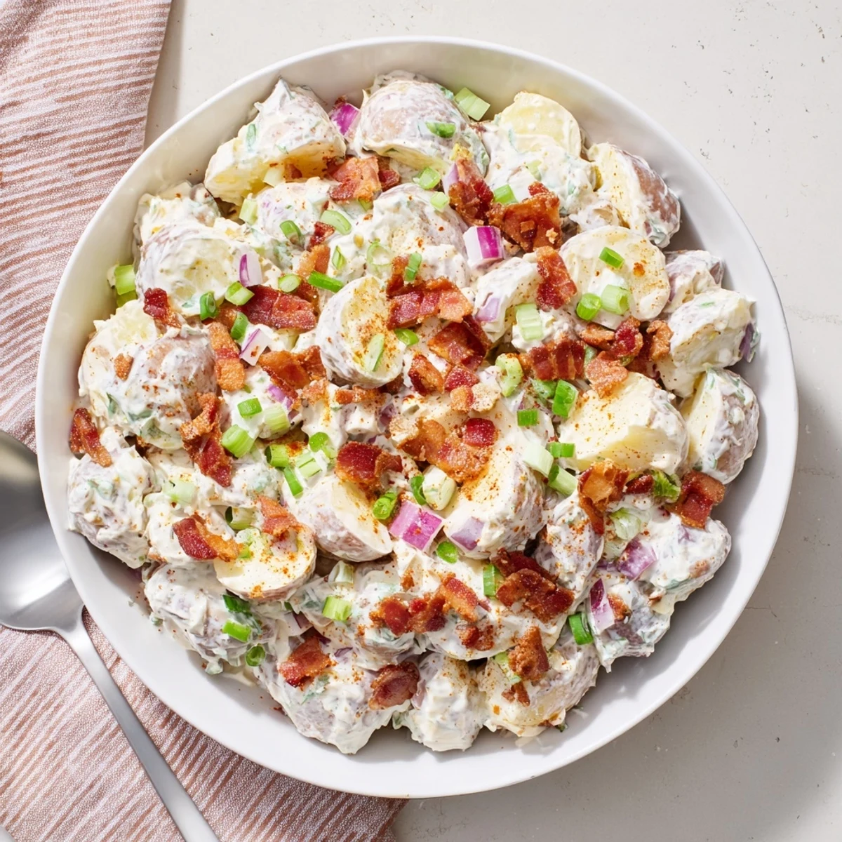 Serve this Steakhouse Potato Salad chilled alongside grilled steak, garnished with paprika and scallions for a classic American steakhouse vibe.