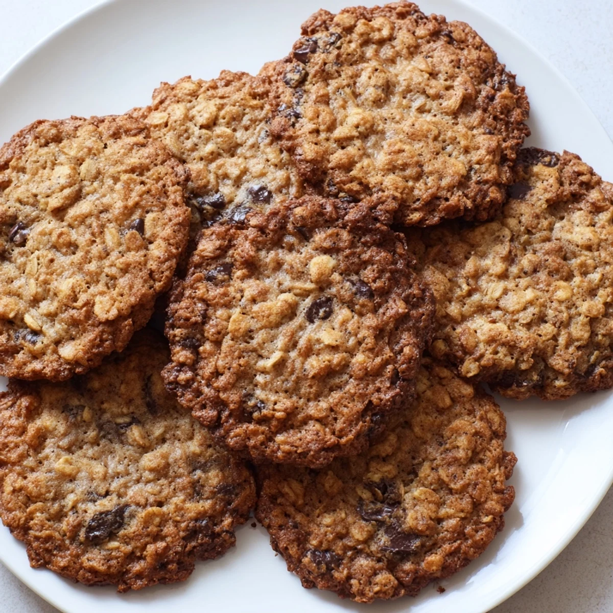 A close-up view of 4 Ingredient Crispy Chocolate Oat Cookies on a cooling rack, showing golden brown edges and melted dark chocolate chips.