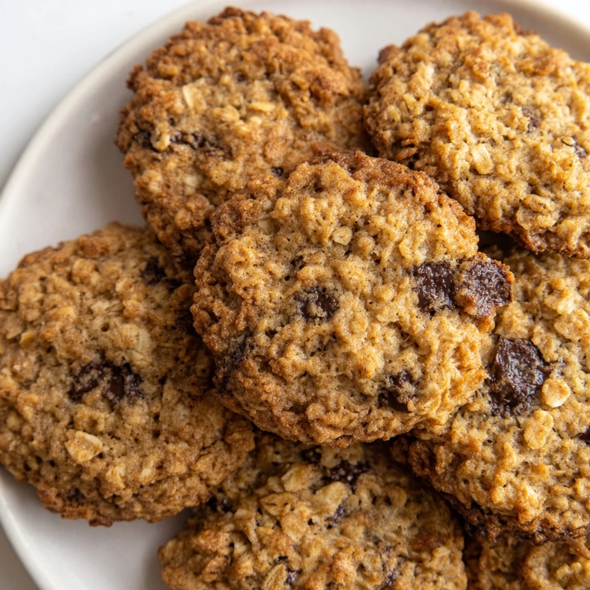 Freshly baked 4 Ingredient Crispy Chocolate Oat Cookies arranged on a white plate, offering a delicious homemade treat for an afternoon snack.