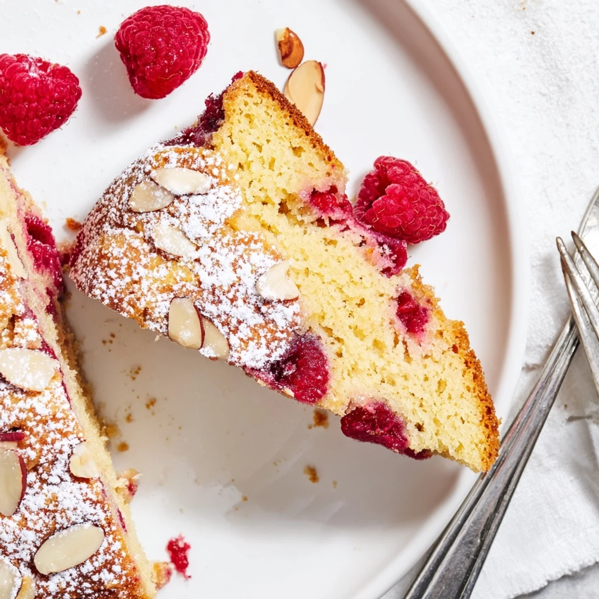 A golden Soft Almond Raspberry Cake, moist with almond flour and dotted with fresh raspberries, dusted with powdered sugar on a wooden board.
