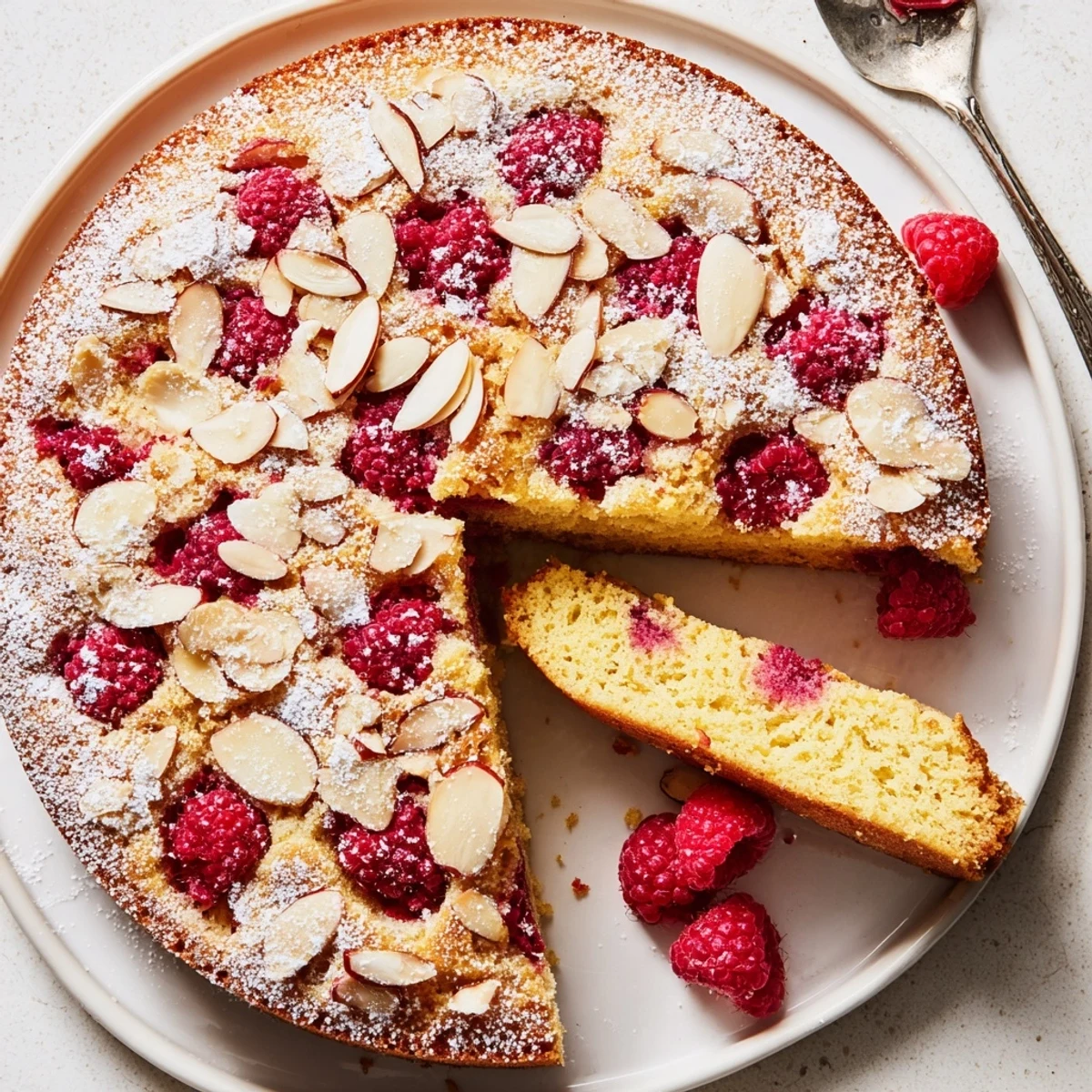 Sliced wedge of Soft Almond Raspberry Cake showing tender crumb and jammy berries, served on a white plate for an easy afternoon dessert.
