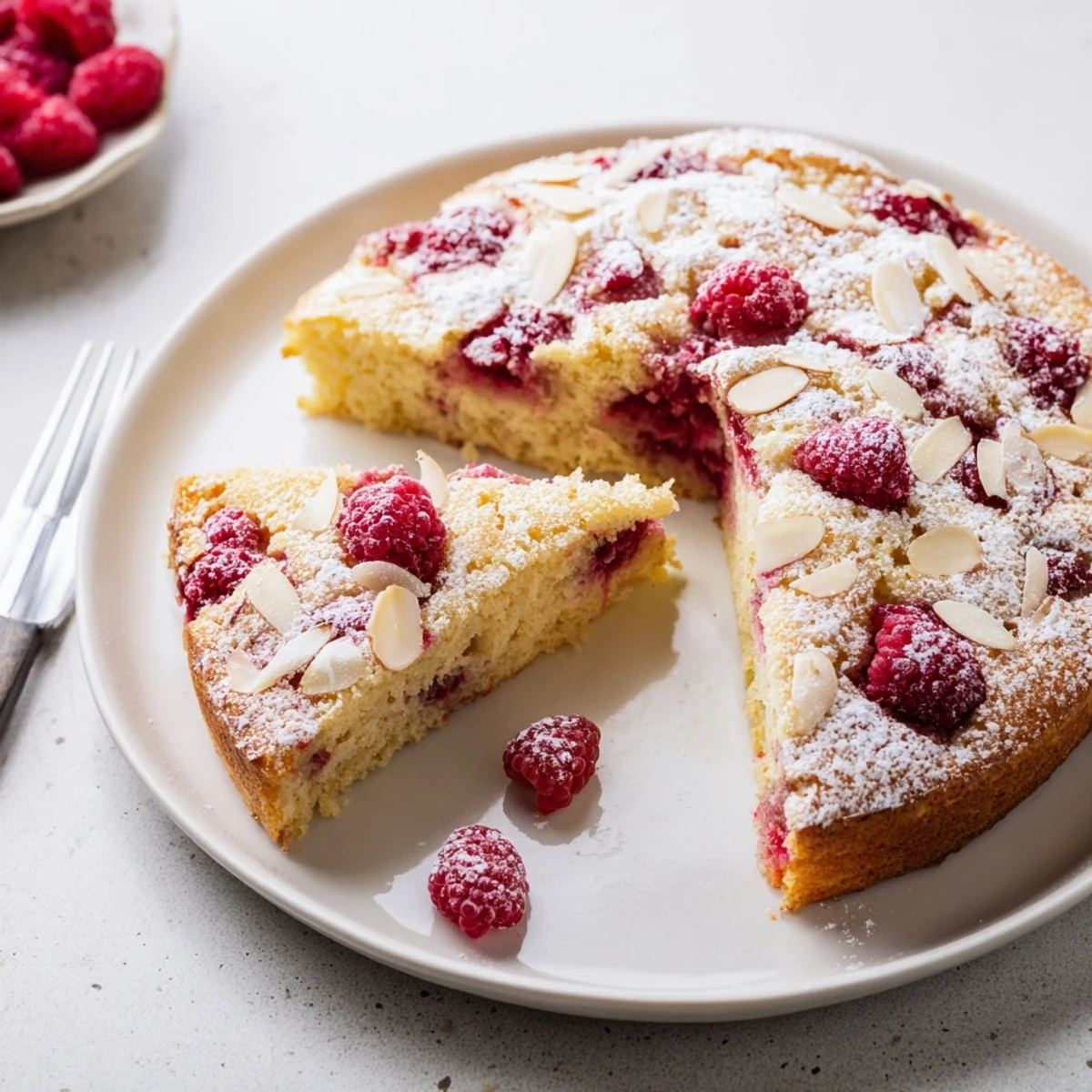 Freshly baked Soft Almond Raspberry Cake cooled on a wire rack, topped with sliced almonds and extra raspberries for a rustic, inviting look.