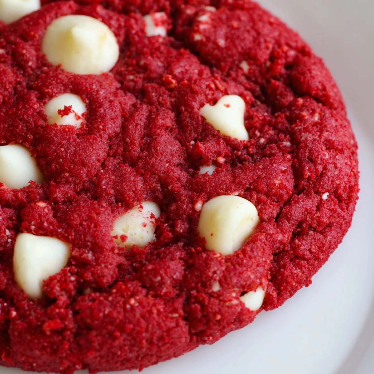 Freshly baked Red Velvet Cookies with creamy white chocolate chips on a cooling rack.  