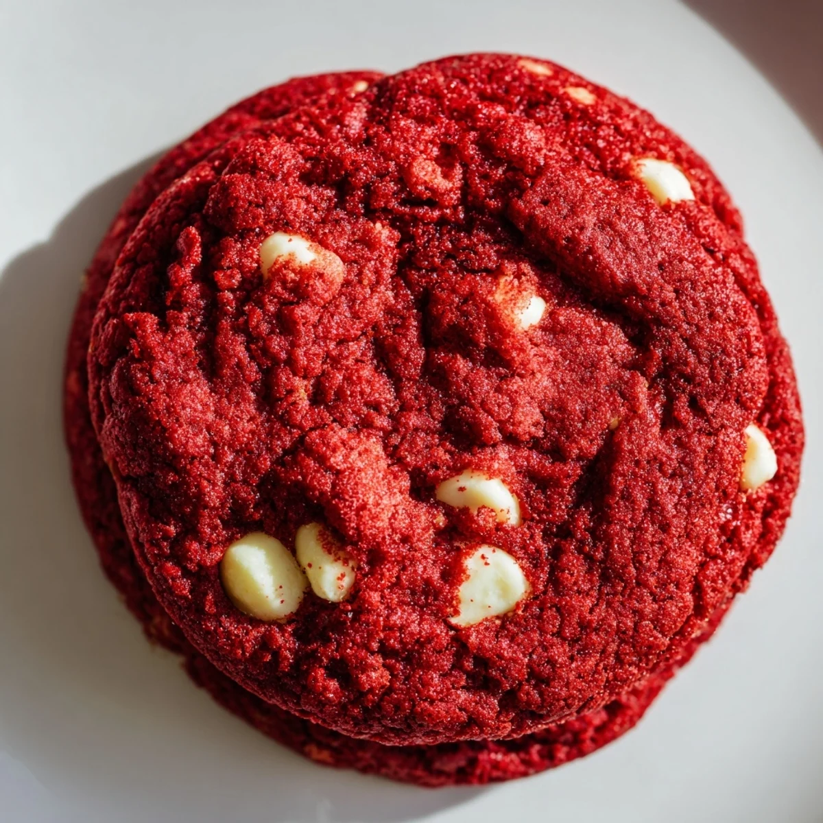 Close-up of Red Velvet Cookies with rich red crumb and melted white chocolate chunks.