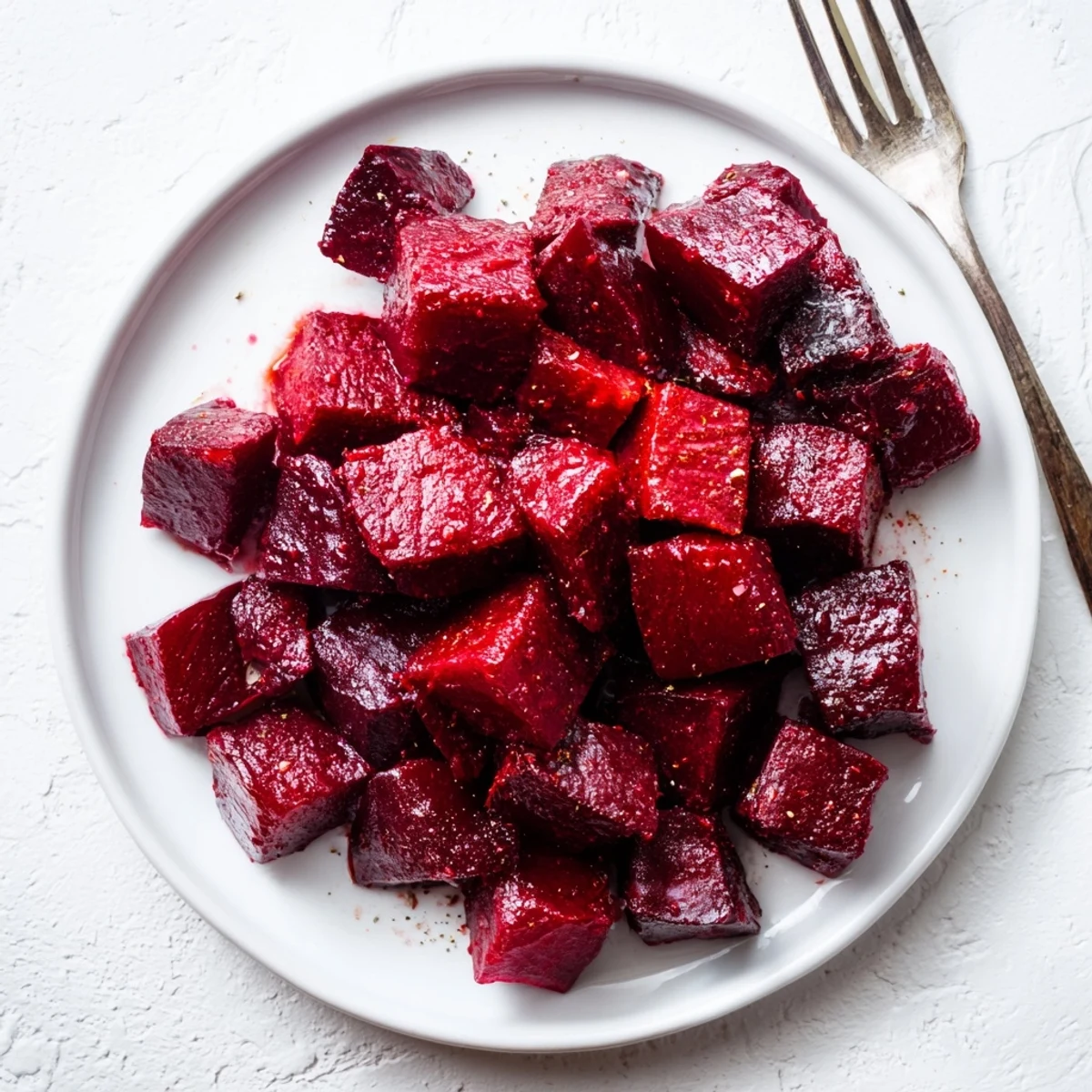 Freshly roasted beets glistening with olive oil and balsamic vinegar on a baking sheet.